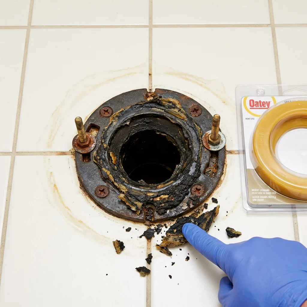 Failed wax ring showing water seepage at the base of a toilet in a Palermo, ME home