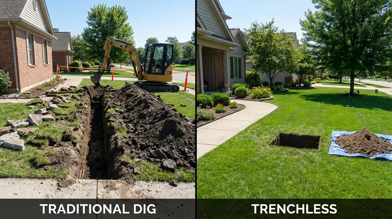 Trenchless sewer repair with minimal yard damage versus traditional excavation in Palermo, ME