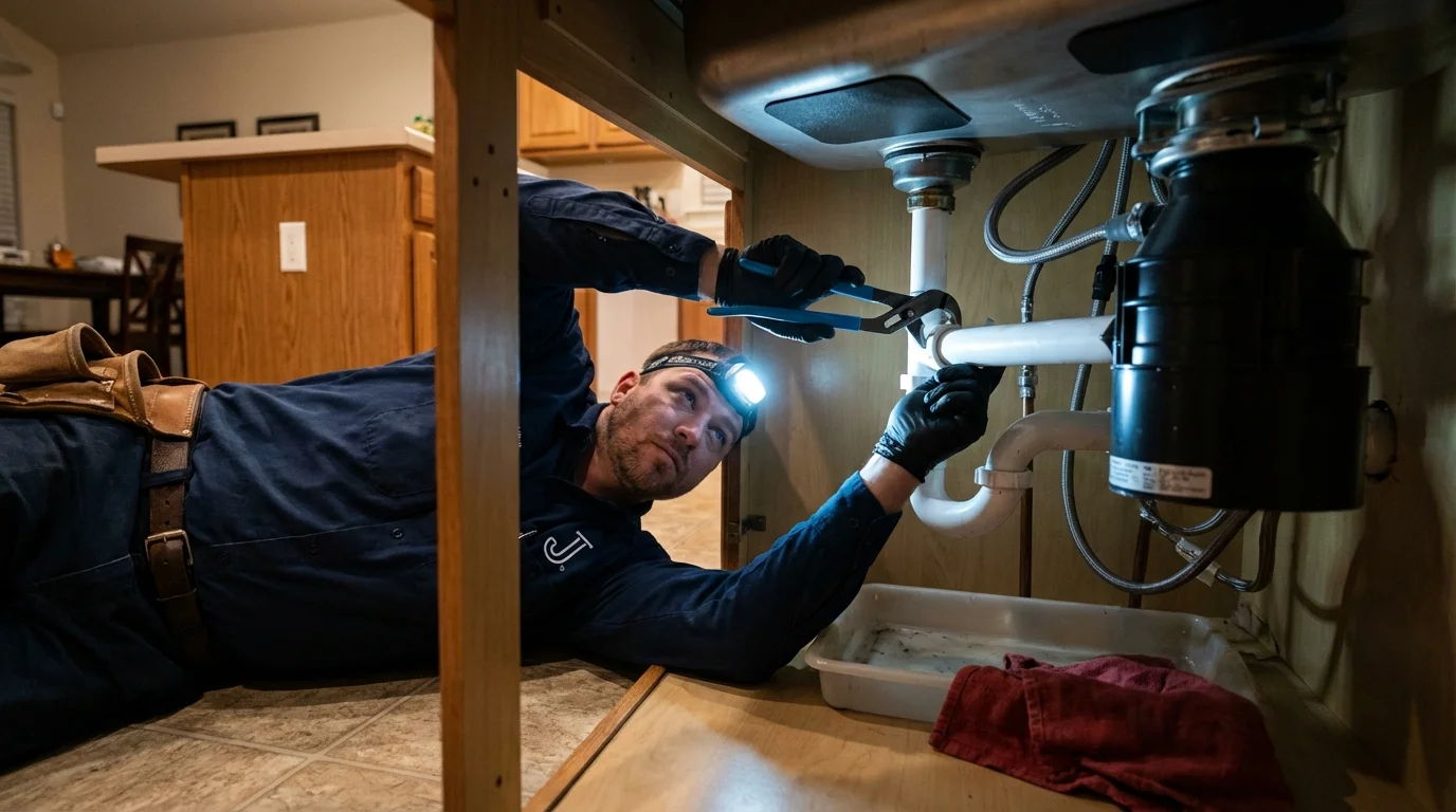 P-trap and supply line connections under a kitchen sink showing a common leak point in Palermo, ME